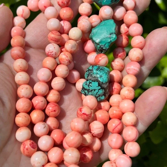 VINTAGE ANGEL SKIN CORAL &LARGE TURQUOISE BEADS LONG NECKLACE UNIQUE COLOR COMBO